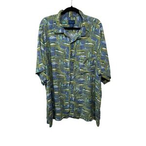 Vtg Town Craft Marlin Fish Print Rayon Camp Shirt Men 3XL Blue Green 90s Dadcore
